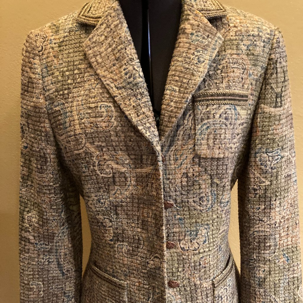 Tahari Fitted Jacket Gold/Olive/Marine Blue Paisley, Gold-Tone Trim/Buttons Sz2